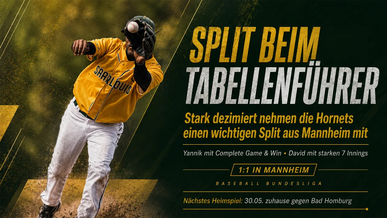 Baseballspieler der Saarlouis Hornets im gelben Trikot bei einer Aktion im Spiel gegen Mannheim